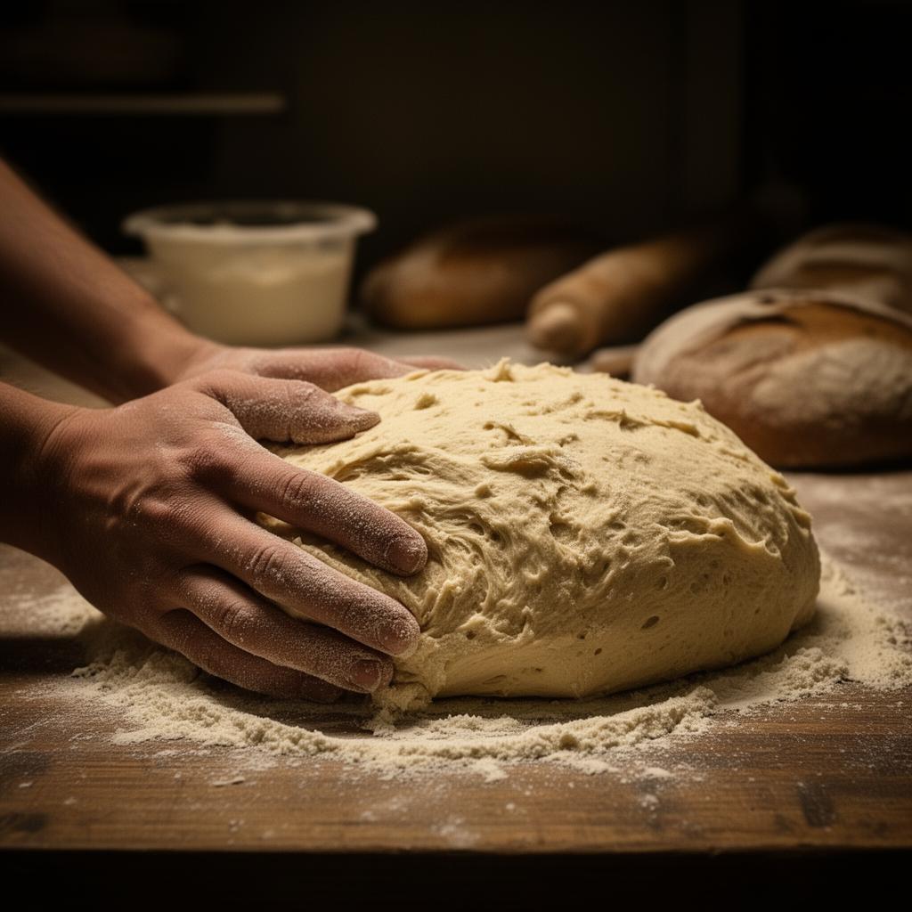 Tangan Bu Siti menguleni adonan roti
